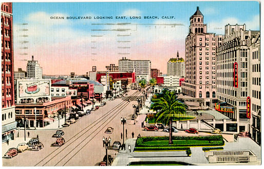 1940s postcard of Ocean Boulevard including the Jergins Trust Building (right). Image credit:Flickr user Steve & Michelle Gerdes licensed under CC BY-NC-ND 2.0 DEED