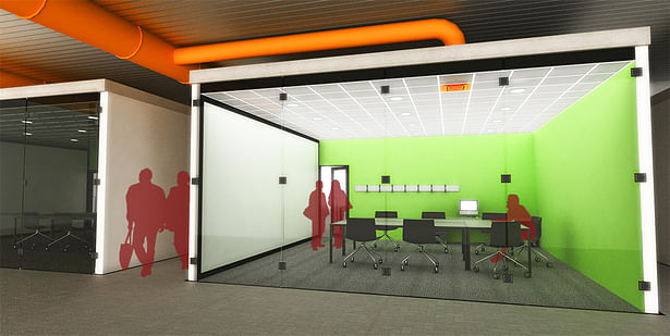 Individual conference rooms with exposed mechanical systems