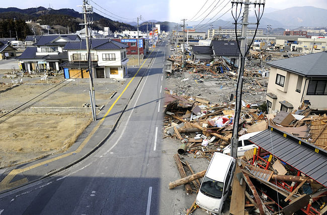 This combination of pictures shows the view of a tsunami hit area of Ofunato, Iwate prefecture on March 14, 2011 (right side) and the same scene as it appears on January 15, 2012 (left side). March 11, 2012 will mark the first anniversary of the massive tsunami that pummeled Japan. (Toshifumi Kitamura/AFP/Getty Images) 