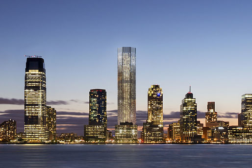 Rendering of the Jersey City skyline with 99 Hudson Street illuminated at the center. Image courtesy of Perkins Eastman. 