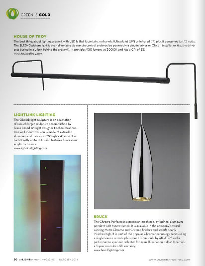 Enlightenment Magazine profiled our Obelisk art lighting design in their October 2014 Green Design Issue