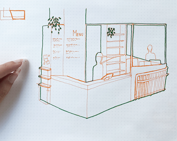 The first sketch I did of the re-imagined stall, based on a location we did not end up redesigning.