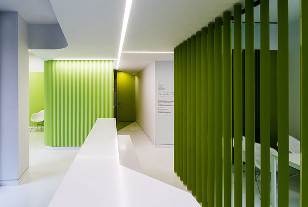 Green color is always located in public uses: accesses, corridors, waiting room and patient care office. In these cases it is located indistinctly in walls, ceilings and floors.