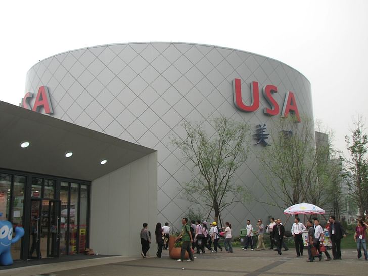 View of the 2010 US Pavilion from the World's Fair in Shanghai. Image courtesy of Wikimedia user Micah Sittig.
