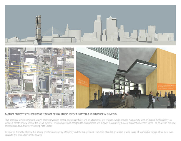 Top: Skyline diagram. Bottom Left: Site plan. Bottom Right: Lobby render.