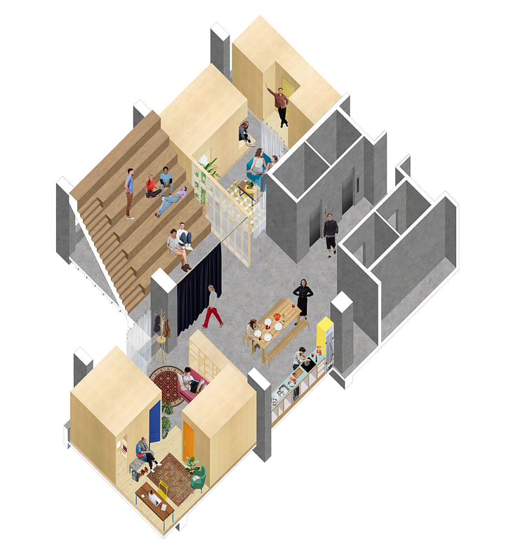 An axonometric of a typical floor in the 'hi-rise' proposal, which is described as a 'light touch, affordable solution that treats all intervention as varying weights of furniture, [which] allows us to establish a horizontal hierarchy from communal to individual space.' Credit: ED/GY