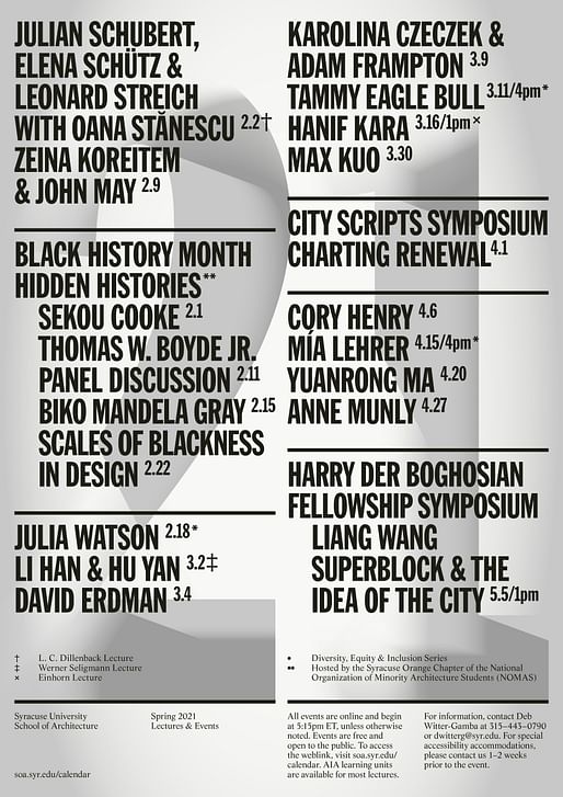 Syracuse University School of Architecture Spring 2021 events poster designed by Common Name