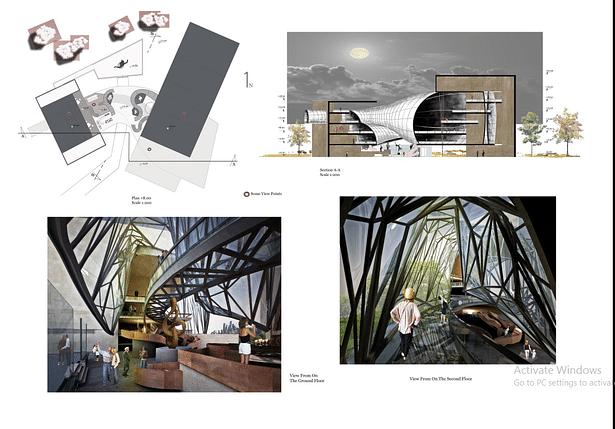 (2) Plan, Section, view to the top of the atrium and view on the glass bridge. 
