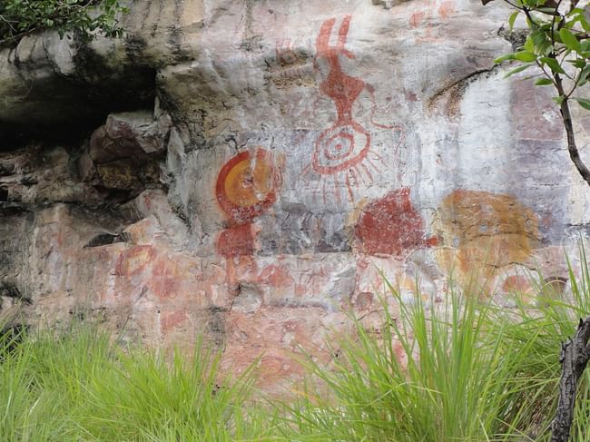 Monte Alegre State Park, Brazil: Prehistoric cave paintings in the Amazon are threatened by environmental degradation and call for improved stewardship that engages and benefits nearby communities. Pictured: Main panel of rock paintings from the Serra da Lua site. Image courtesy WMF.