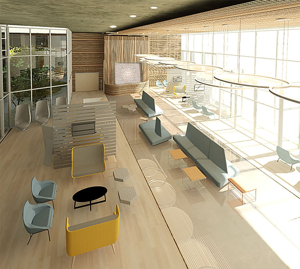 Proposed Lobby utilizing group seating arrangements as well as high back seating options which provide privacy.