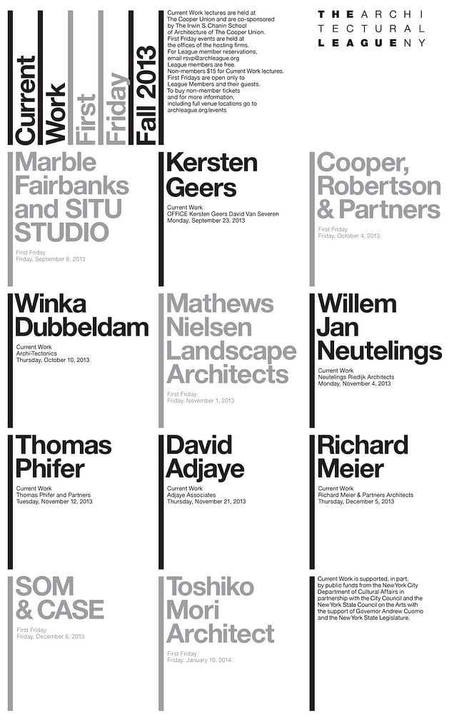 2013 fall 'Current Work' lecture series, The Architectural League of New York