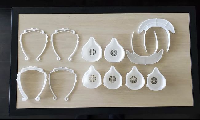 Photo showing some of the 3D-printed mask components. Photo courtesy of USC Architecture Operation PPE