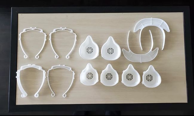 Photo showing some of the 3D-printed mask components. Photo courtesy of USC Architecture Operation PPE