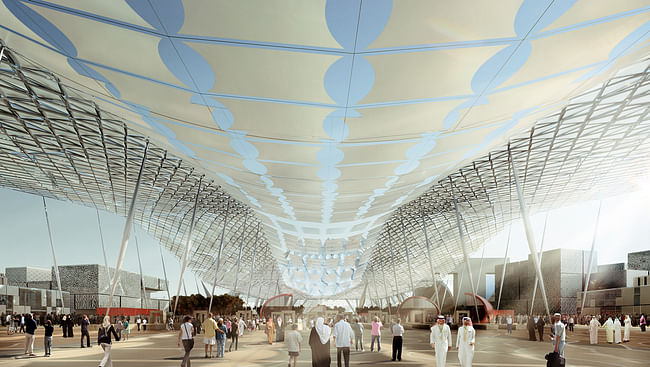 Main entrance from the metro station with the iconic photovoltaic fabric structure above. Image: HOK