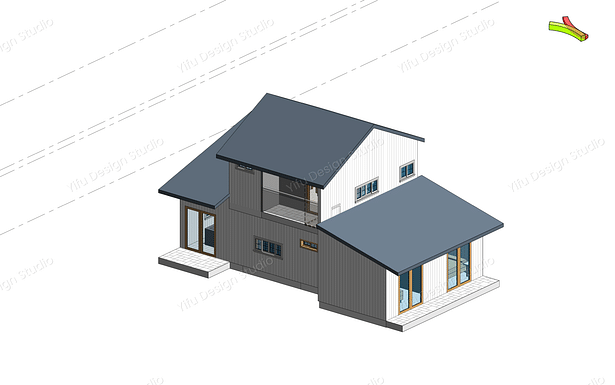 Colorized axonometric render featuring the upper level master suite and its balcony facing the entrance of the home. The two bedrooms have a separate entrance and view offering privacy for multifamily living and tenants.