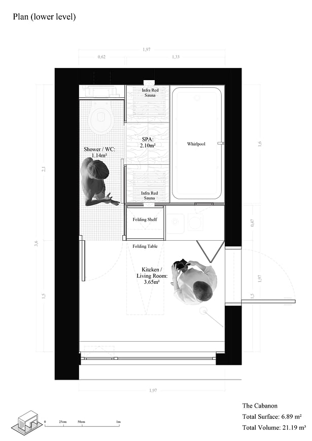 Plan lower level: We see three of the four spaces of the Cabanon: kitchen / living room, shower / wc and spa. Guido is showering and Boston is cooking.