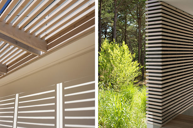 Bleached cedar slats at garage brise soleil and breezeway slat wall.