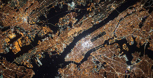 Cosmonaut Oleg Kononenko's 2013 aerial photo of New York City shows the growing reach of the new, white LED streetlights. Image: Wikimedia Commons, via urbanomnibus.net.