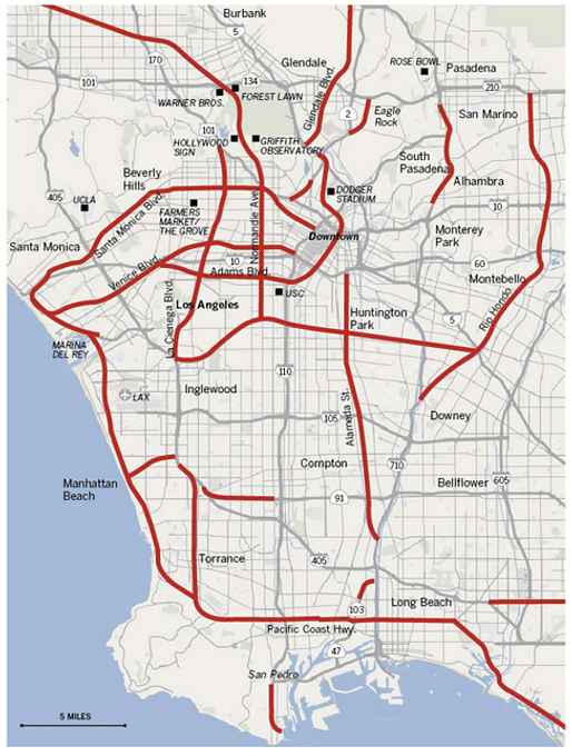The red lines were proposed freeways – a veritable pedestrian paradise! Credit: LA Times