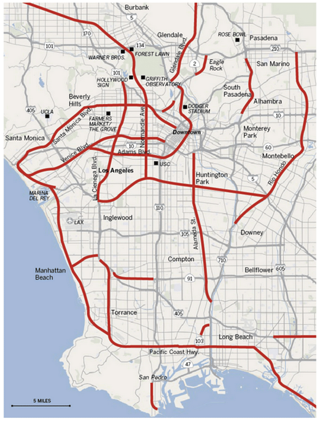 The red lines were proposed freeways – a veritable pedestrian paradise! Credit: LA Times