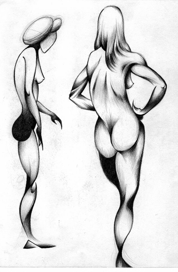 This piece is an abstract rendering of models posing drawn with a black colored pencil.