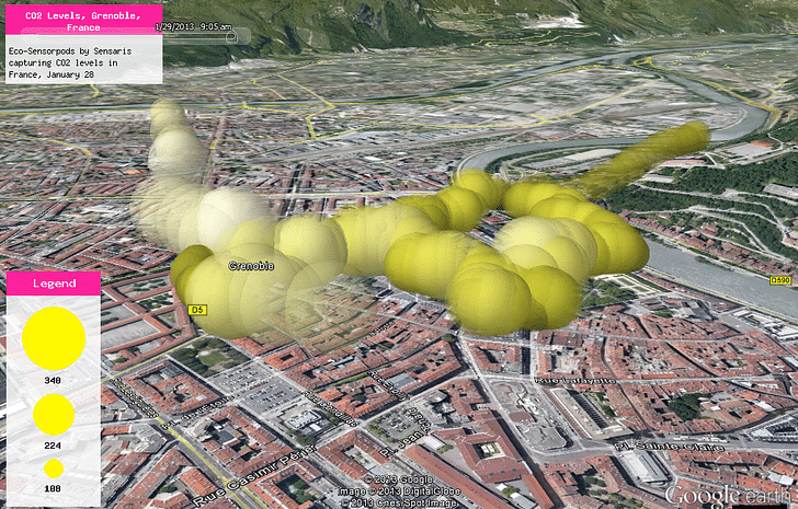 DataAppeal Application showcasing alternative datascape rendering of CO2 Levels, in Grenoble France, using yellow color and spherical model option, slight transparent effect. Data Source: Sensaris Eco-Senspod, Senaris France.
