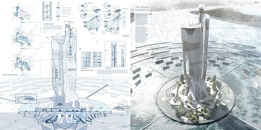 Second Place winner Ocean Re-clamation Skyscraper by Dennis Byun, Harry Tse, and Sunjoo Lee. Image courtesy eVolo.