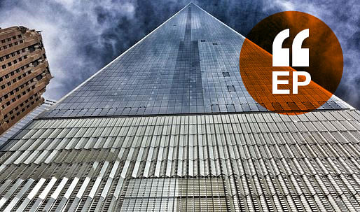 When viewed from street level in proximity to the tower, One World Trade Center (Freedom Tower) appears to ascend to a pyramid point as seen in this view of the West Street side of the building. (Image date- June 2014)