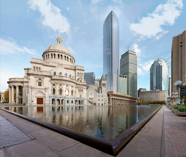 Rendering of Tower within context of Christian Science Plaza