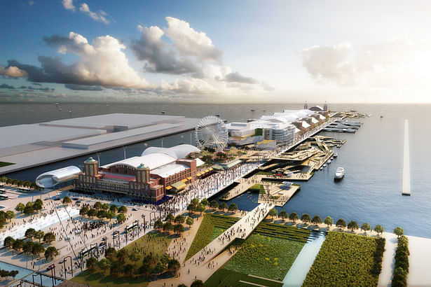 Looking east over Gateway Plaza and Wetlands toward the Floating Parks