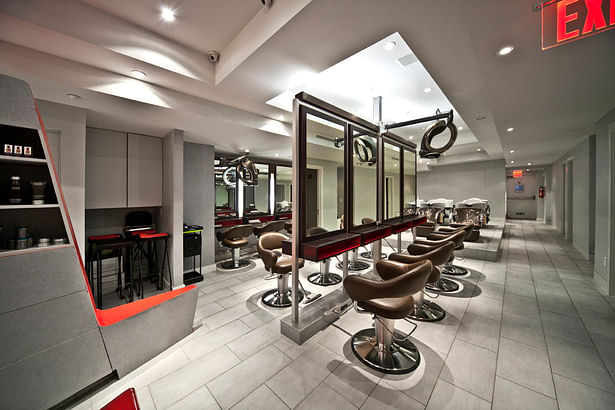 Pass through mirrors in the drying chairs maintain the clean, open atmosphere.