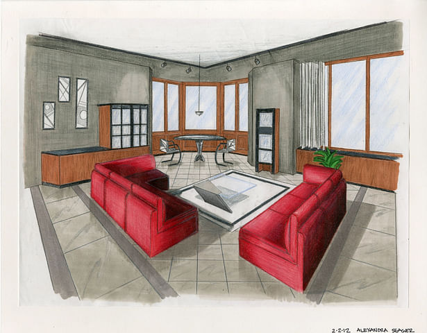 Modern interior done in marker and colored pencil.