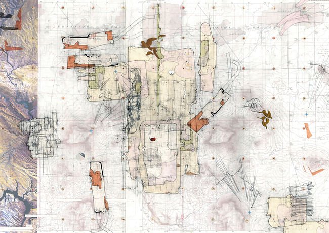 ‘Fast Twitch’, Desert House Site Plan v.01 Drawing made: 2004 Drawing size: 24” x 36” Materials: Mylar, graphite, tape, found imagery. transfer letters + transfer film, cut paper. © Perry Kulper