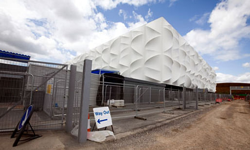 Exterior of the completed basketball stadium on the Olympic site, east London. Photograph: Felix Clay