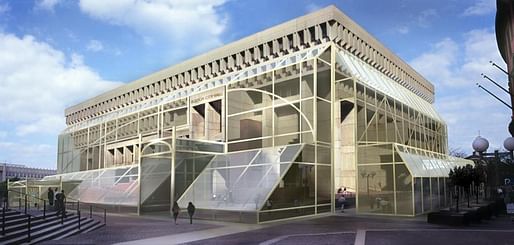 Professor emeritus at Suffolk University, Harry Bartnick, proposes a sheath of glass for Boston's much contested 'béton brut' city hall building. (Design: Harry Bartnick; Image via bostonglobe.com)
