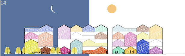 Elevations demonstrating use during day and night hours.