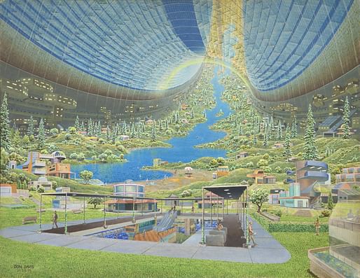 Don Davis (American, born 1952). Stanford torus interior view. 1975. Acrylic on board, 17 × 22″ (43.1 × 55.9 cm). Commissioned by NASA for Richard D. Johnson and Charles Holbrow, eds., Space Settlements: A Design Study (Washington, DC: NASA Scientific and Technical Information Office, 1977)...