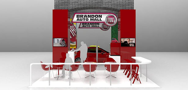 Custom displays placed within the columns with tablets for setting test drive appointments, selecting vehicle options and purchasing FIAT brand merchandise.