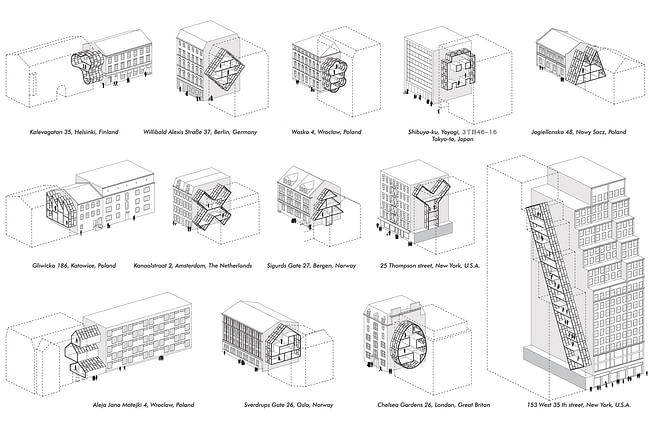 From the Live between Buildings project statement: Various examples showing the possible typologies and available interesting building gaps worldwide.