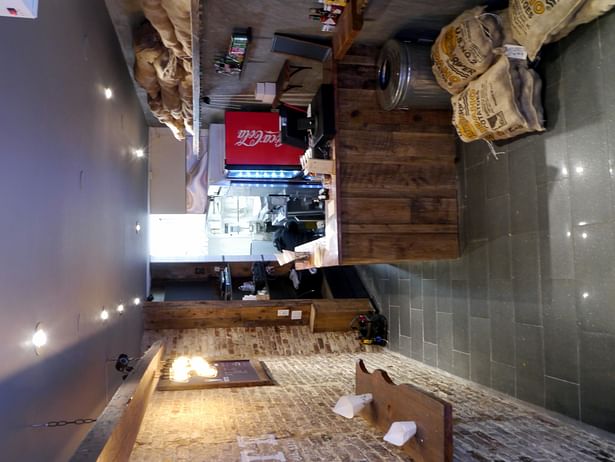 Overview Restaurant interior design bricks reclaimed wood lighting faux-paint