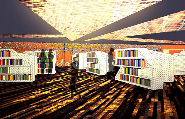 The library, with its skylights and metal bookshelves