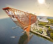 This proposed luxury hotel by Fender Katsalidis Architects incorporates a suspension bridge 