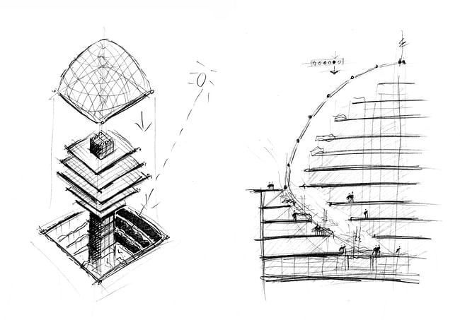 These sketches made during the schematic design phase in spring 1998 suggests that the adapted Climatroffice configuration will create rentable daylit retail space below plaza level. Foster + Partners, 1004 Swiss Re House, 14 May 1998, 1998. Courtesy of Foster + Partners.