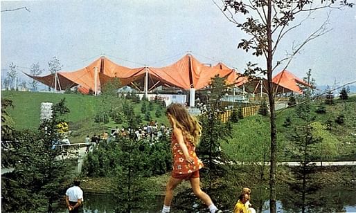 The iconic orange canopy of the Ontario Place Children's Village designed by Canadian designer Eric McMillan. Photo <a href="https://www.blogto.com/sports_play/2015/04/that_time_when_ontario_place_was_first_rate_amusement/">via</a>.
