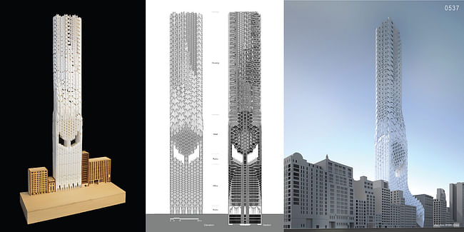 Honorable Mention: 'Deep Skins: New Skyscraper Typology in NYC as an Adaptive Organism' by Yongsu Choung, Ge Zhang, Chuanjingwei Wang | South Korea, China