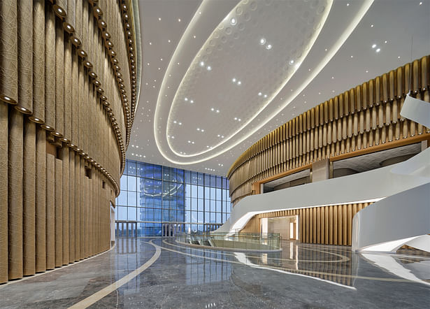 the central hall is defined by curved walls that resemble the pan flute and pipe organ ©ZY Architectural Photography