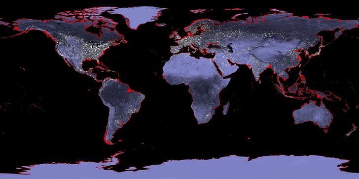 A map of the Earth with a 6-meter sea level rise (affected areas marked in red). Image via wikimedia.org