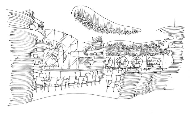 An early sketch showing the curve elements in the restaurant design