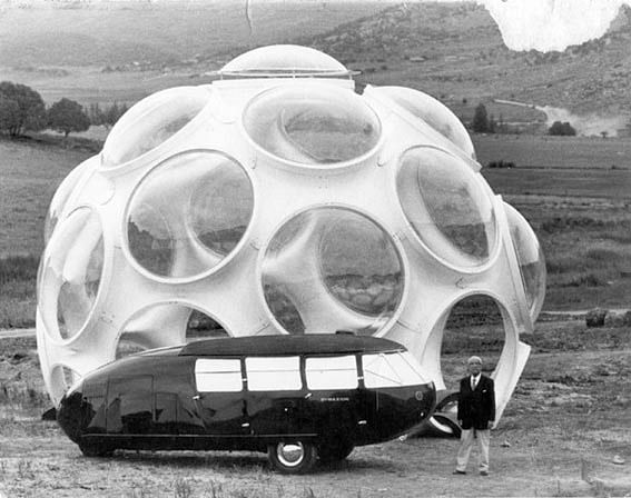 1980 - Buckminster Fuller with Fly's Eye dome and Dymaxion Car in Snowmass Colorado