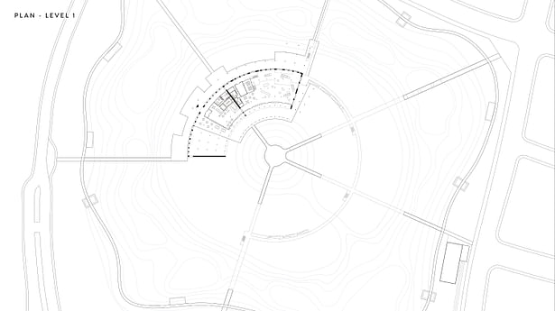 Plan of the intervention at level 1, exhibiting the existing railyard roundhouse amongst a newly reinstated wetland park